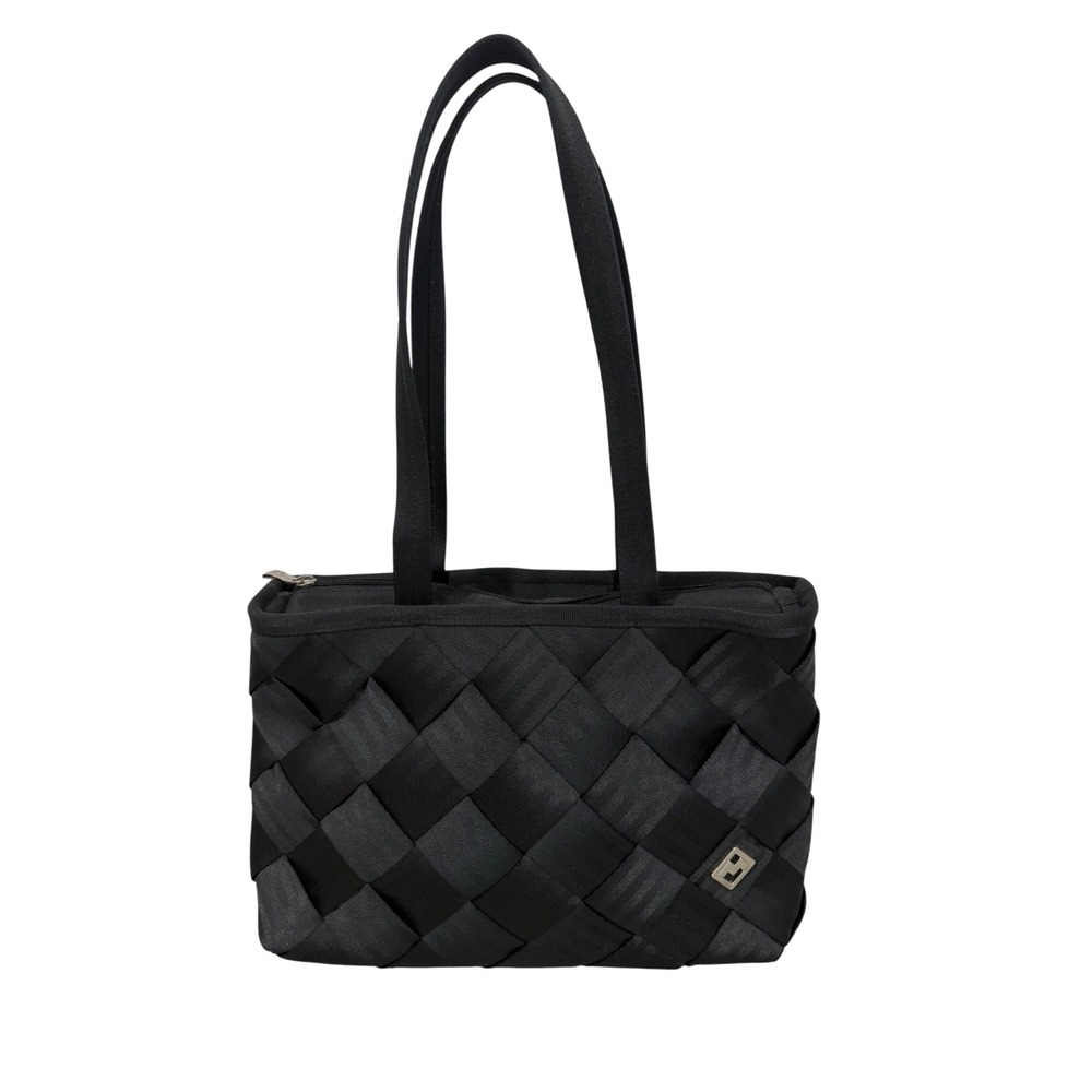 Maggie Bags Black Woven Seatbelt Tote Travel Work Bag Purple Satin Lining